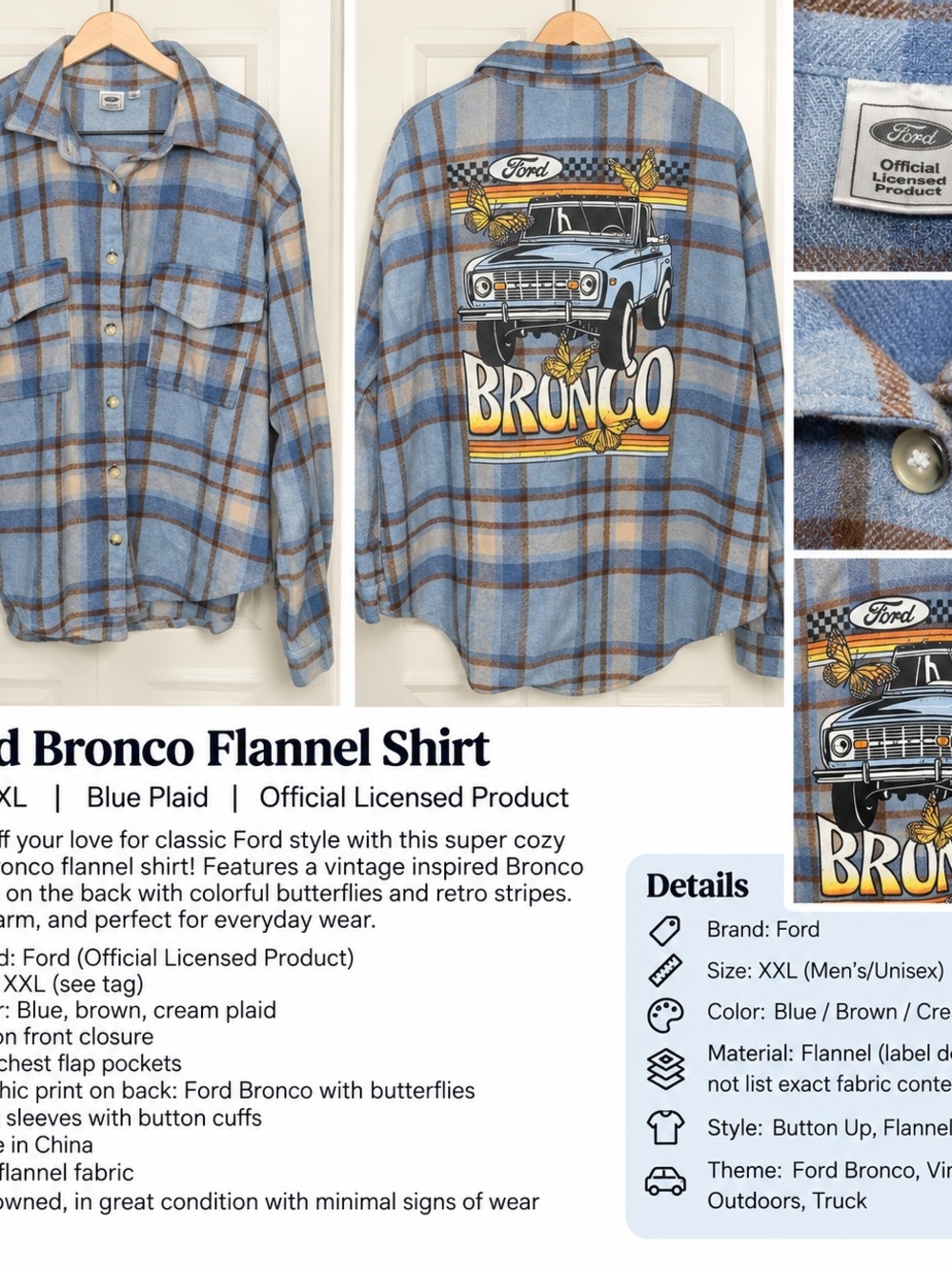 Ford Bronco XXL Blue Plaid Flannel Shirt Butterfly Graphic Button Up